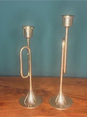 Set of 2 Metallic Brass Trumpet Candle Holders
